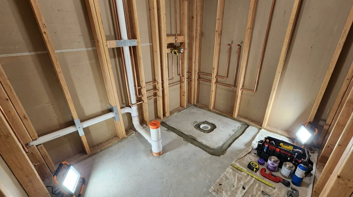 Bathroom rough-in plumbing during remodel by Johns Plumbing LLC in Grover Beach