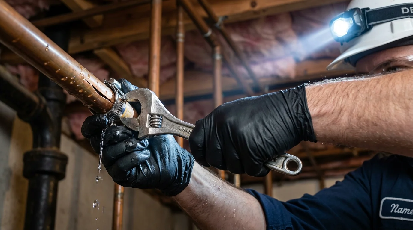 Emergency pipe clamp repair being performed by a Johns Plumbing LLC plumber in Grover Beach