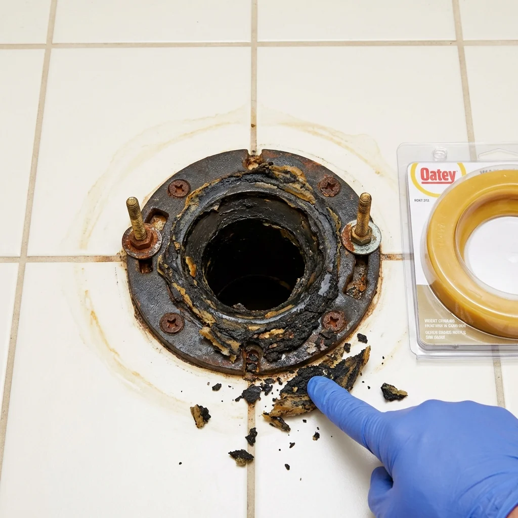 Failed wax ring showing water seepage at the base of a toilet in a Grover Beach, CA home