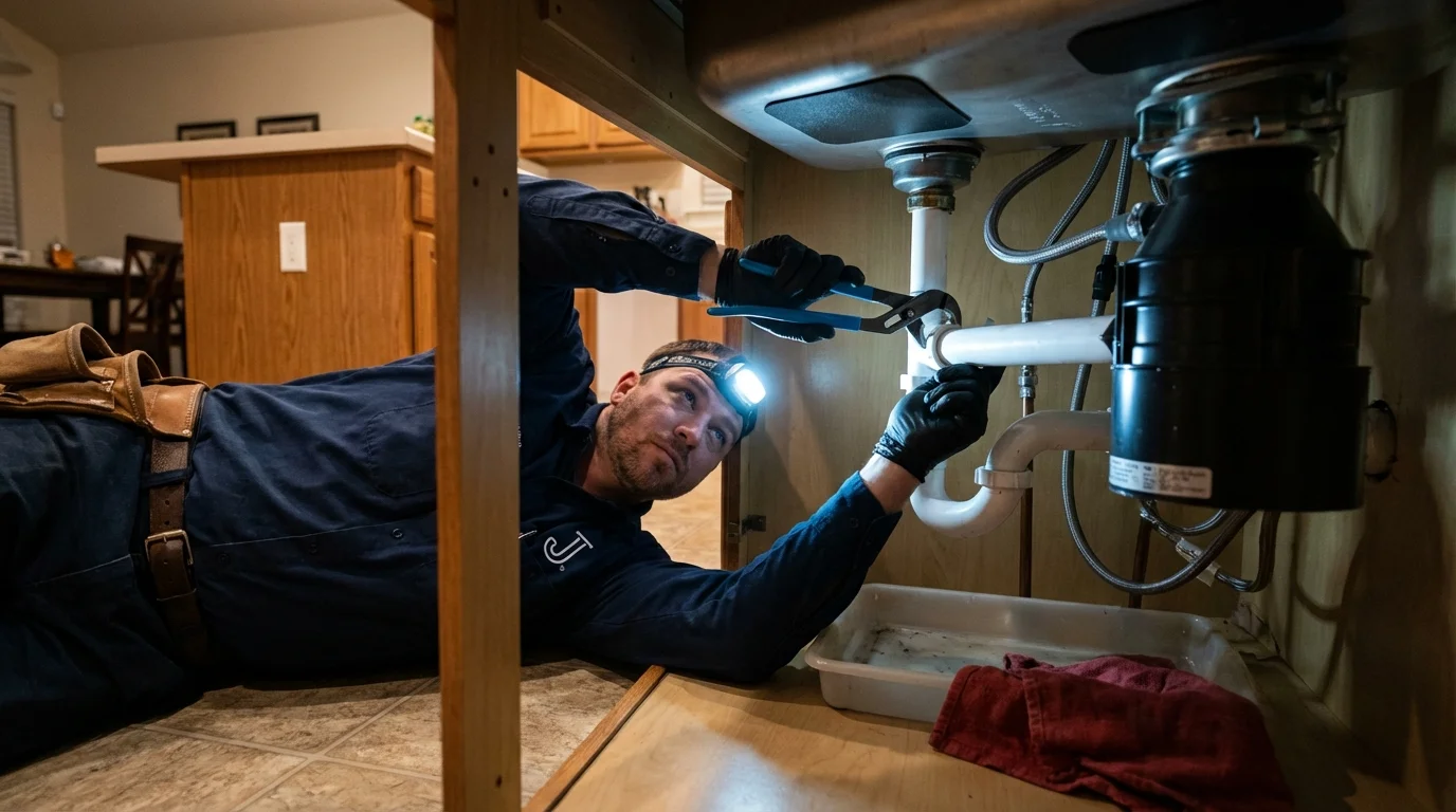 P-trap and supply line connections under a kitchen sink showing a common leak point in Grover Beach, CA